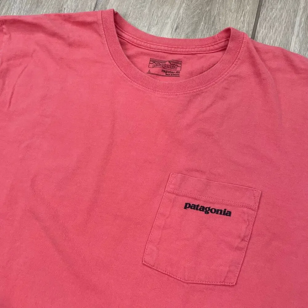 Patagonia P-6 Logo Pocket T Shirt Men's Large Coral Pink Organic Cotton Tee